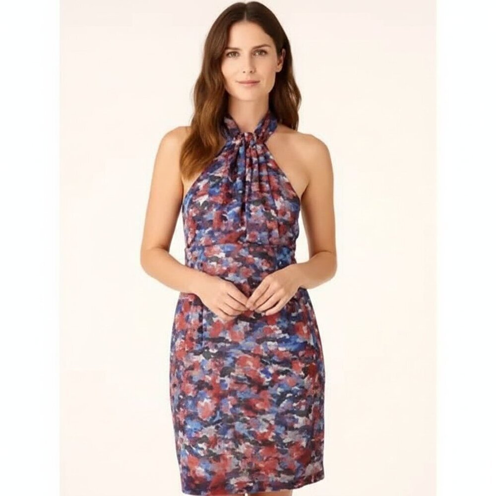 *Andrew Marc Watercolor Pleated Halter Dress Tie High Neck Size 4 NWT